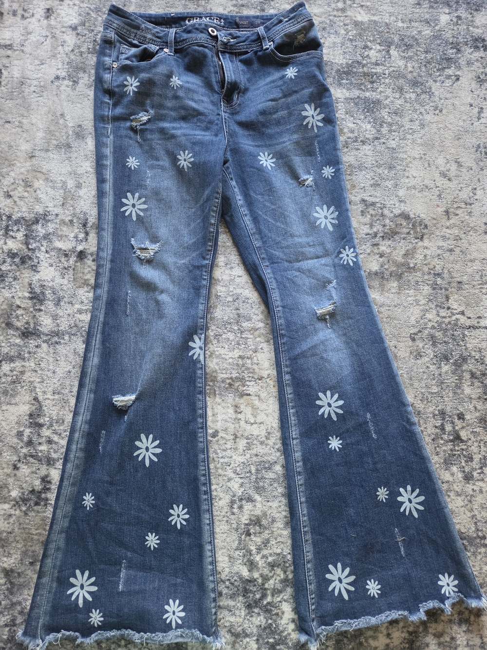 Grace Floral Print Distressed Dark Blue Flare Jeans